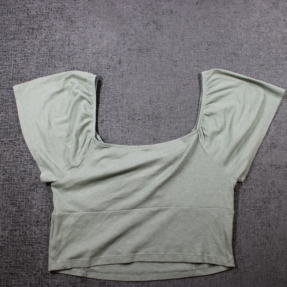 American Eagle Sage Green Ribbed Flutter Sleeve Sweetheart Crop Top Large